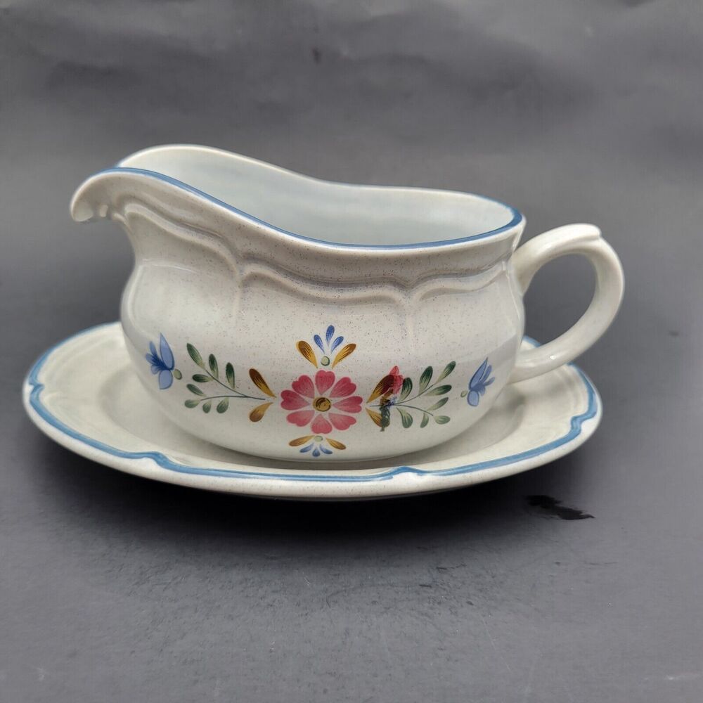 International Stoneware Gravy Boat With Under Plate Heritage Patchwork vtg Japan